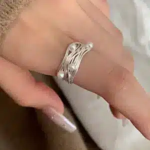 Bague femme style nid argent perles 1