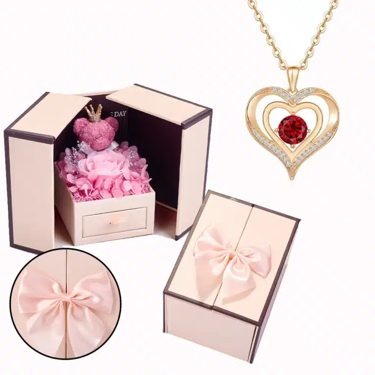 Coffret rose éternelle ours rose avec collier coeur brillant 4