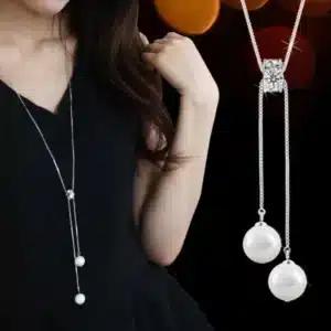 Collier long femme perles blanches 1