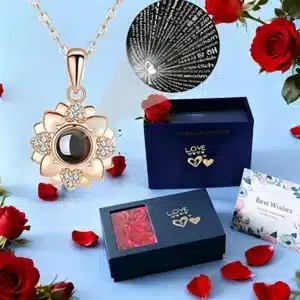 Boîte roses éternelles avec collier fleur projection femme 1