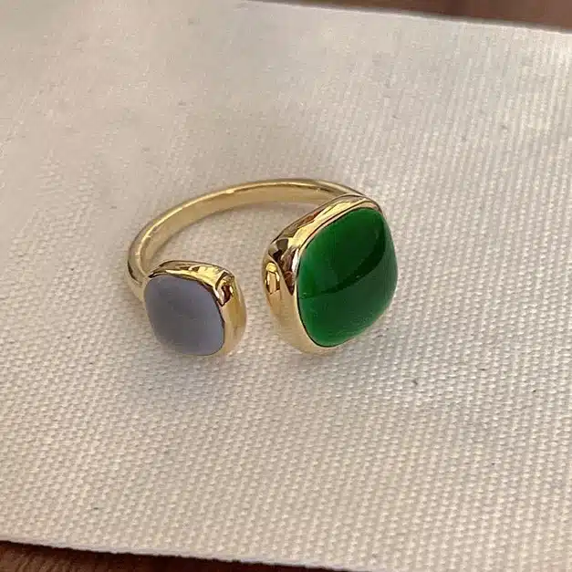 Bague femme design pierres bleu et verte 1