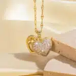 Collier femme double cœur doré brillant 2