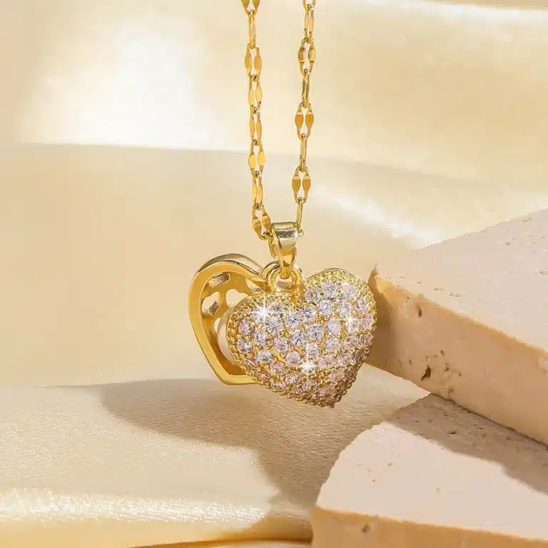 Collier femme double cœur doré brillant 2