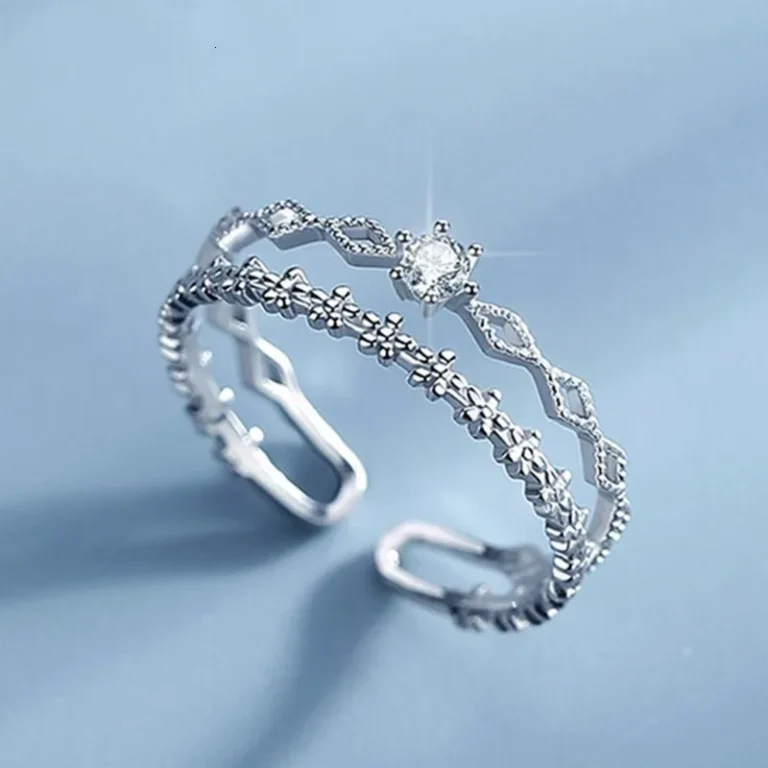 Bague double anneau brillants avec fleurs 1