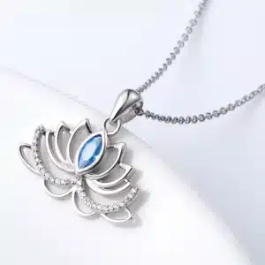Collier femme fleur de lotus argent et bleu 1