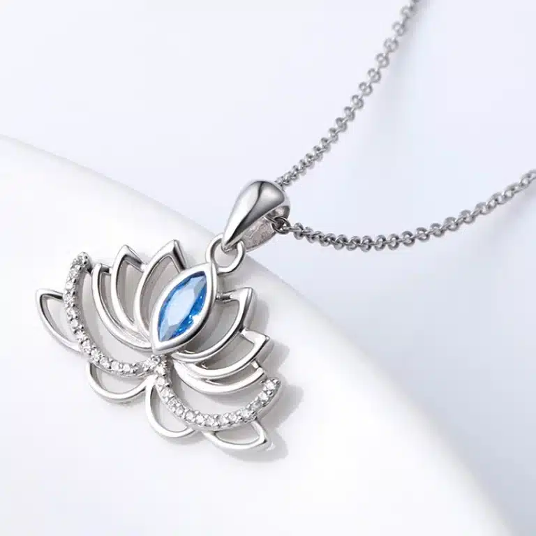 Collier femme fleur de lotus argent et bleu 1