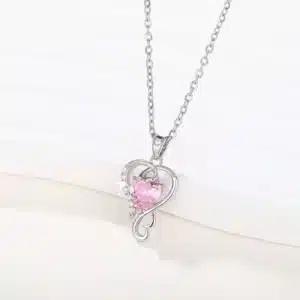 Collier femme cœur rose argent strass 1