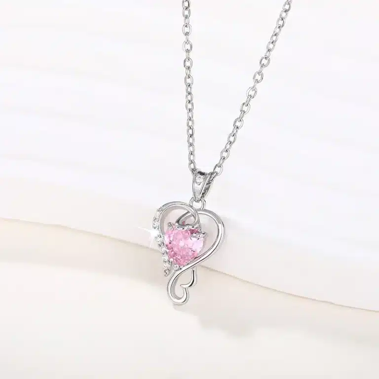 Collier femme cœur rose argent strass 1