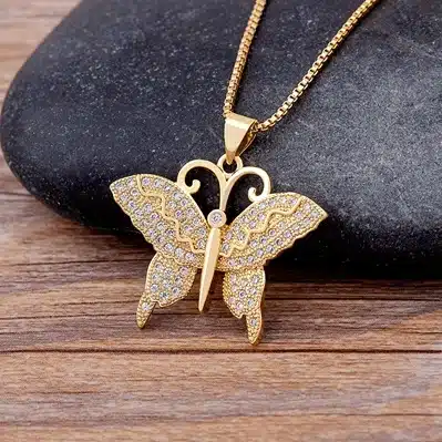 Collier femme papillon doré strass blanc 2