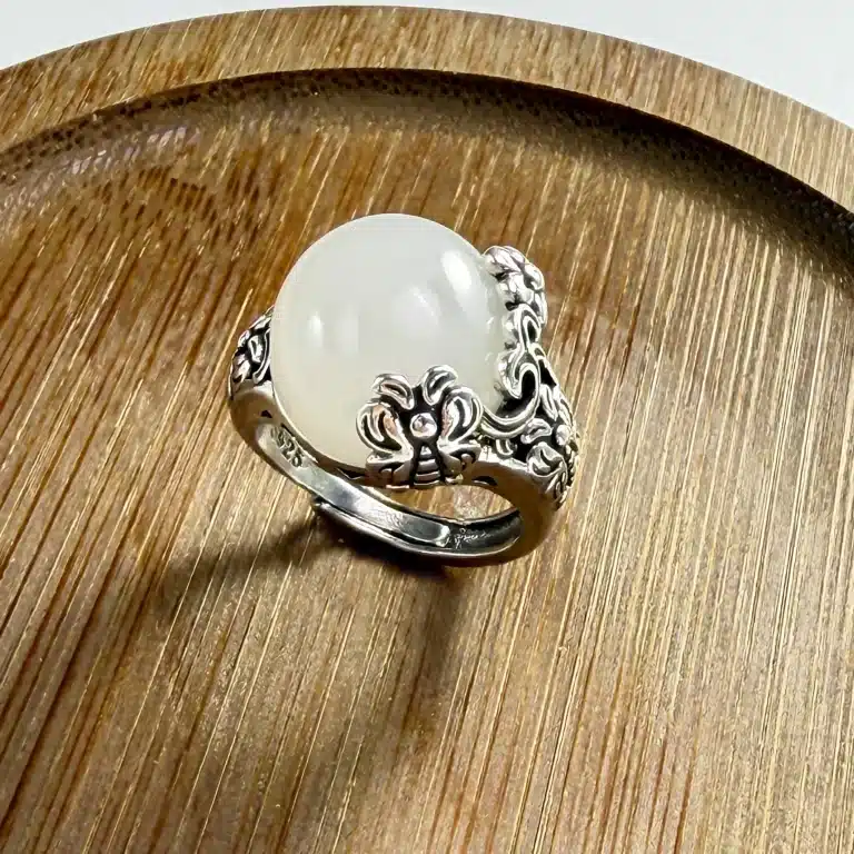 Bague femme vintage argent perle blanche ronde 1