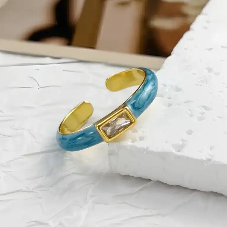 Bague femme bleue marbrée dorée 1
