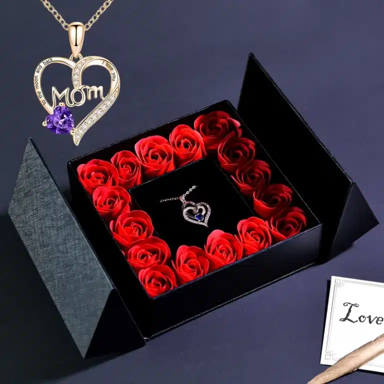 Coffret roses éternelles collier coeur fête des mères 6