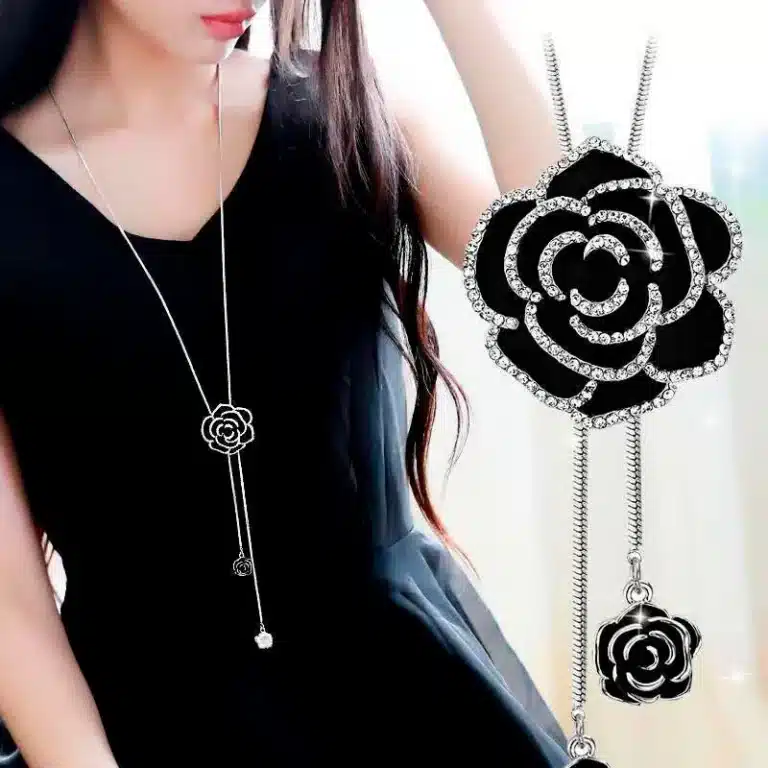 Collier long femme rose noire et brillante 1