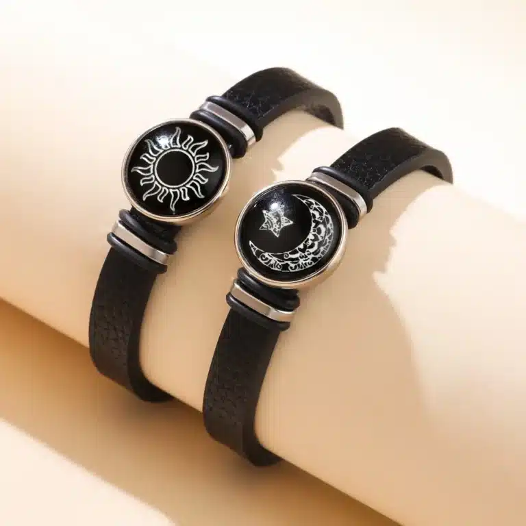 Bracelets couple cuir noir lune soleil 6