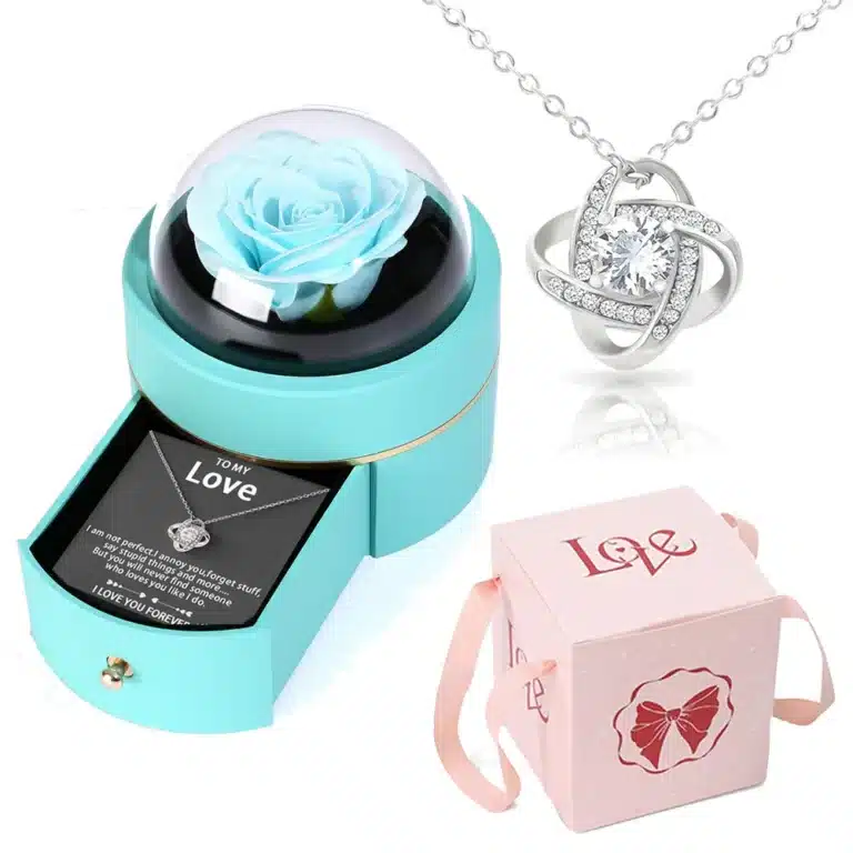 Boite à bijoux ronde avec rose éternelle et collier femme 3