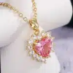 Collier femme cœur rose doré strass 1
