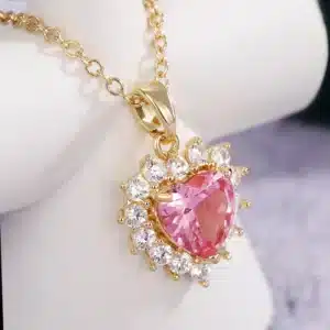 Collier femme cœur rose doré strass 1
