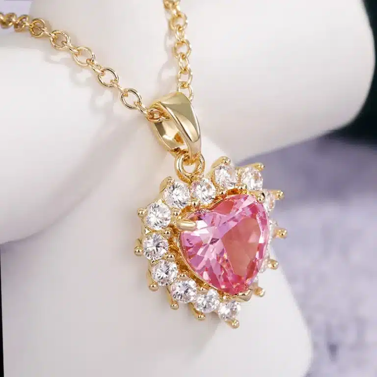 Collier femme cœur rose doré strass 1