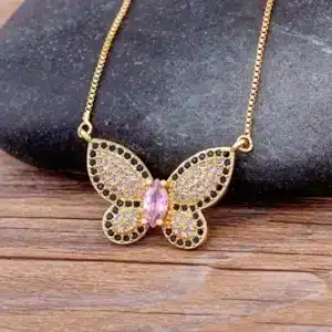 Collier femme papillon brillant rose et noir 1