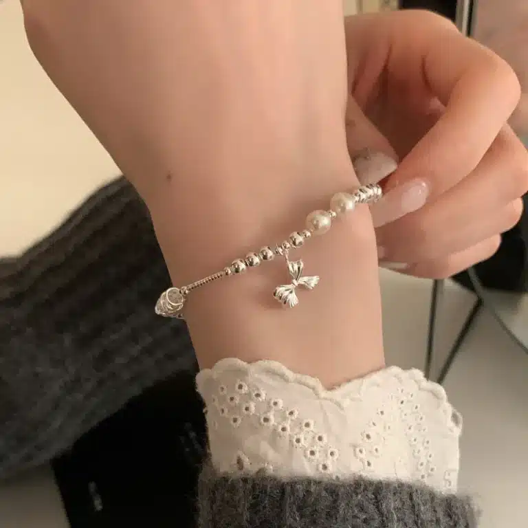 Bracelet perles papillon rose argenté 1