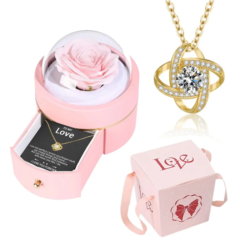 Boite à bijoux ronde avec rose éternelle et collier femme 6