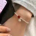 Bracelet femme perles argent pierre rouge 1