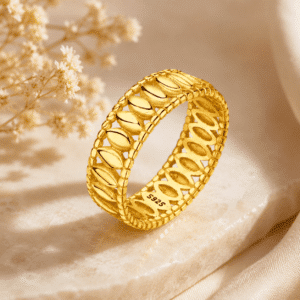 Bague femme large dorée feuilles