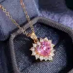 Collier femme cœur rose doré strass 2