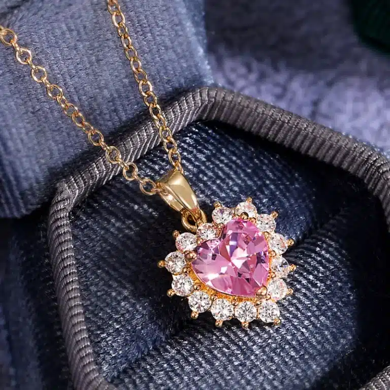 Collier femme cœur rose doré strass 2