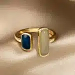 Bague femme dorée pierres bleue et beige 1