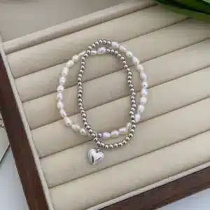 Bracelet femme double chaine perles argent breloque coeur 1