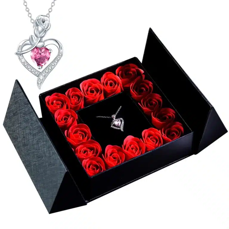 Coffret cadeau roses éternelles avec collier coeur coloré brillant 3