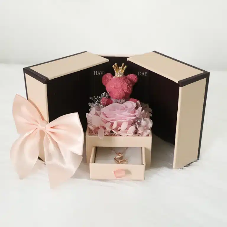 Coffret rose éternelle ourson avec collier coeur croix 1
