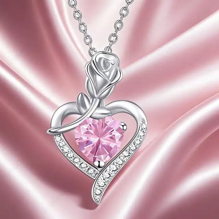 Collier femme cœur fleur argent pierre couleur 1