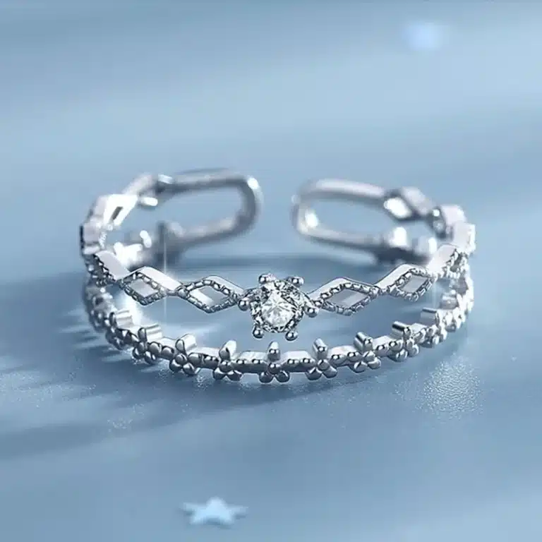 Bague double anneau brillants avec fleurs 2