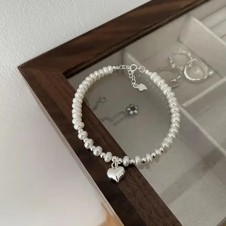 Bracelet femme perles argent breloque coeur 1
