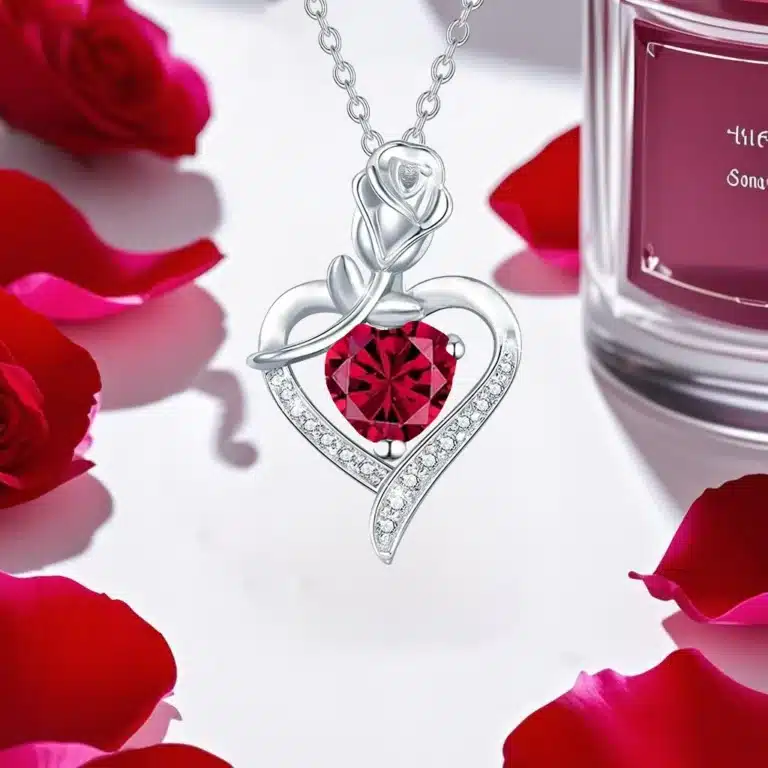 Collier femme cœur fleur argent pierre couleur 3