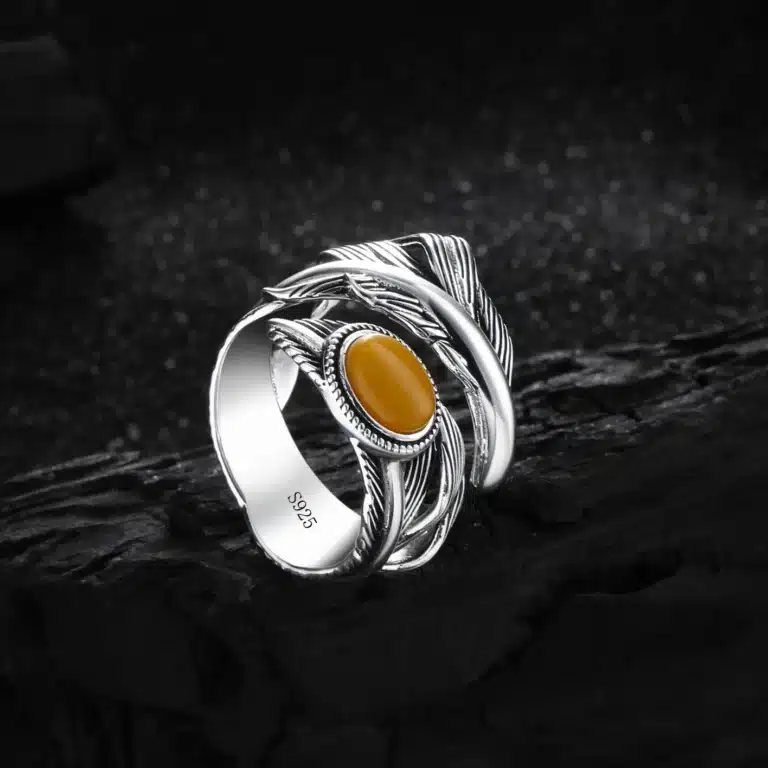 Bague femme plume argent pierre ovale 1