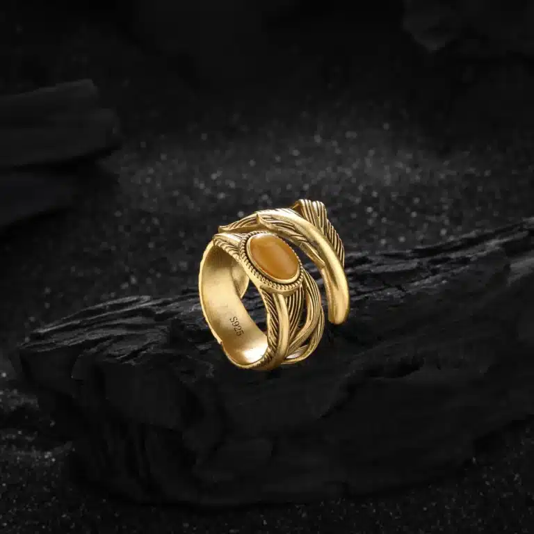 Bague plume pierre ovale dorée 1
