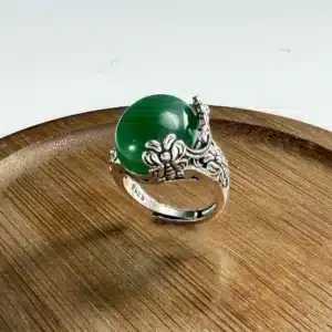 Bague femme vintage argent pierre ronde verte 1