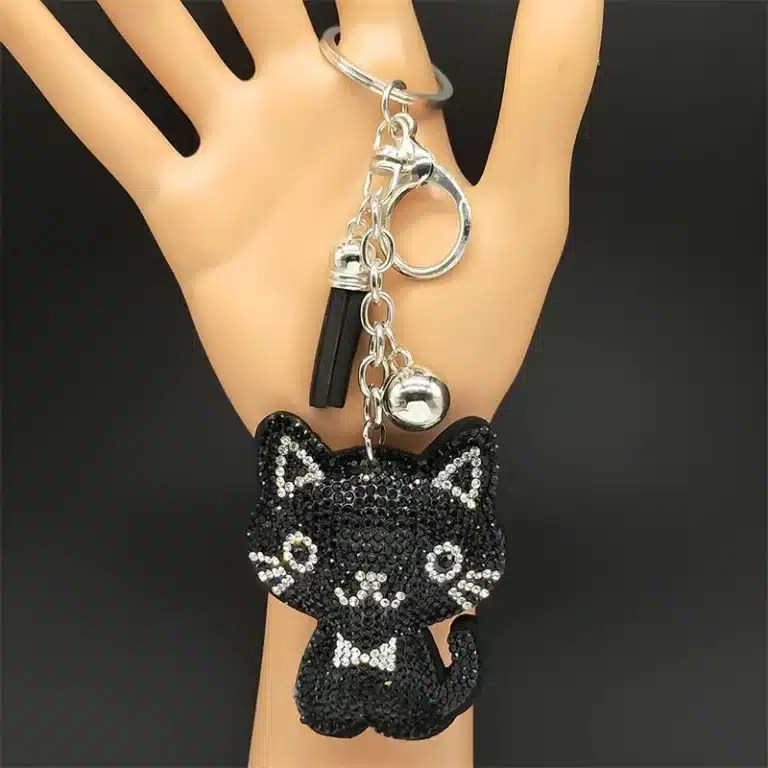 Porte-clés femme chat noir brillant strass 5