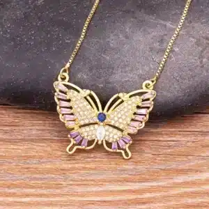Collier femme papillon rose et doré 2