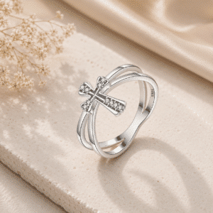 Bague femme croix double anneau argent