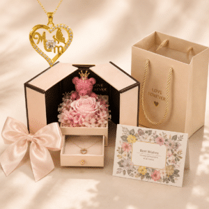 Coffret rose ourson collier coeur fête des mères