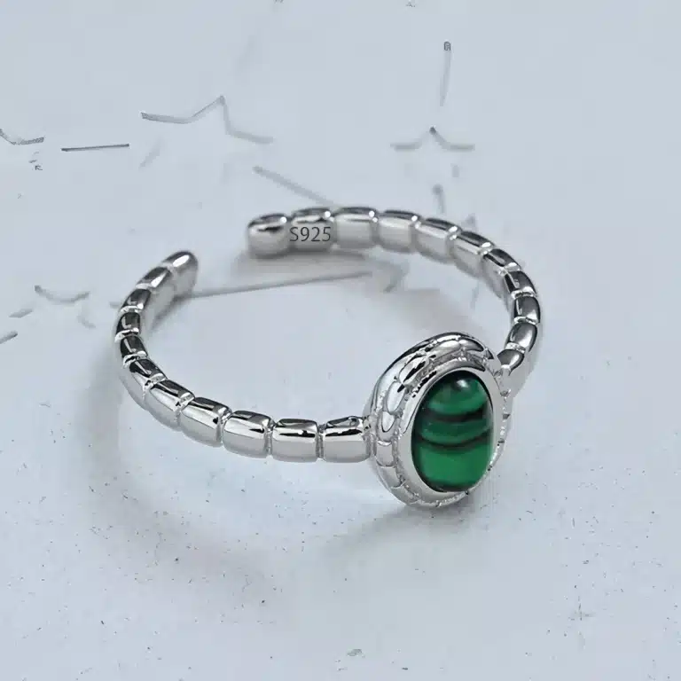 Bague femme ouverte cabochon ovale argent vert 1