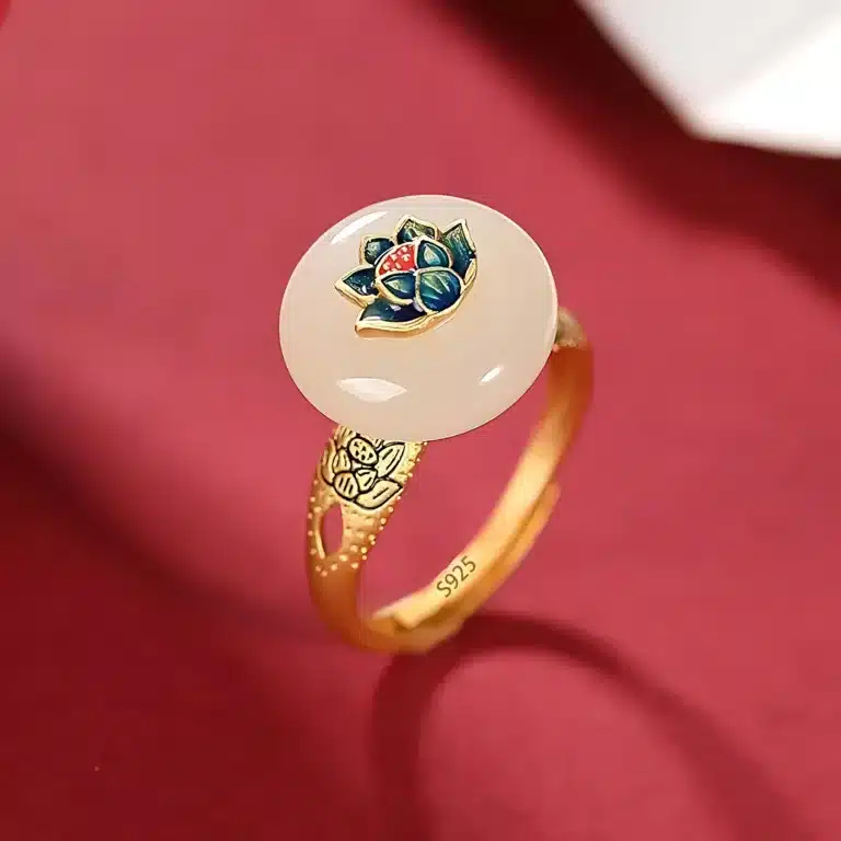 Bague femme ronde lotus blanc doré 1