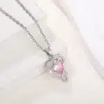 Collier femme cœur rose argent strass 3