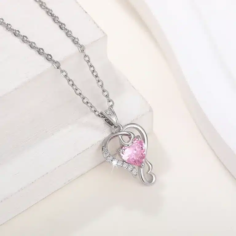 Collier femme cœur rose argent strass 3