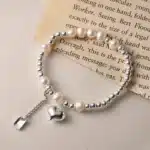 Bracelet perle naturelle femme cœur cadenas 1