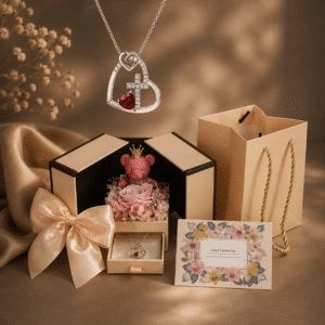 Coffret rose éternelle ourson avec collier coeur croix